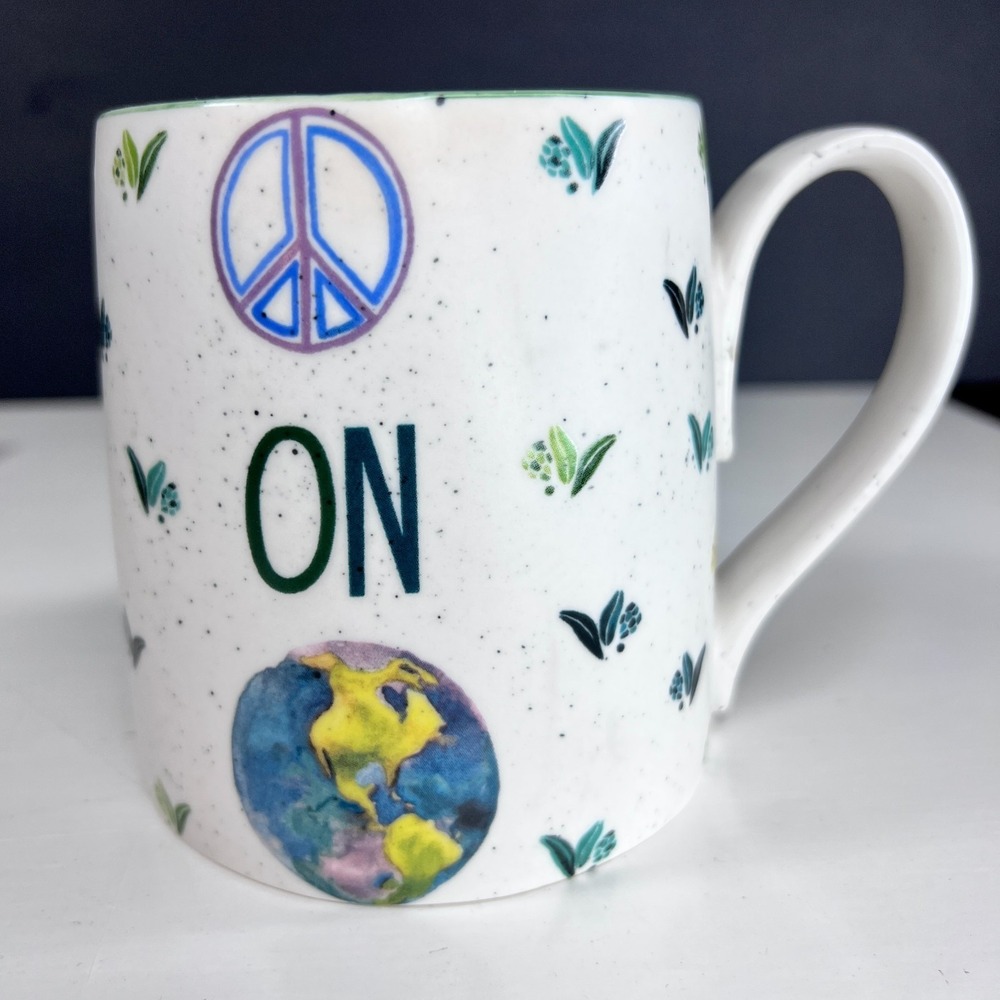 Anthropologie Peace On Earth Globe Ceramic Coffee Mug Green